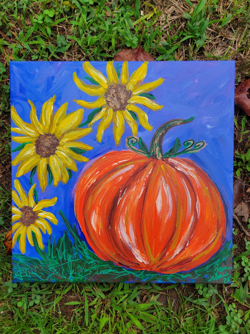 Hand Crafted Orange Pumpkin with Yellow Sunflowers on Blue Canvas